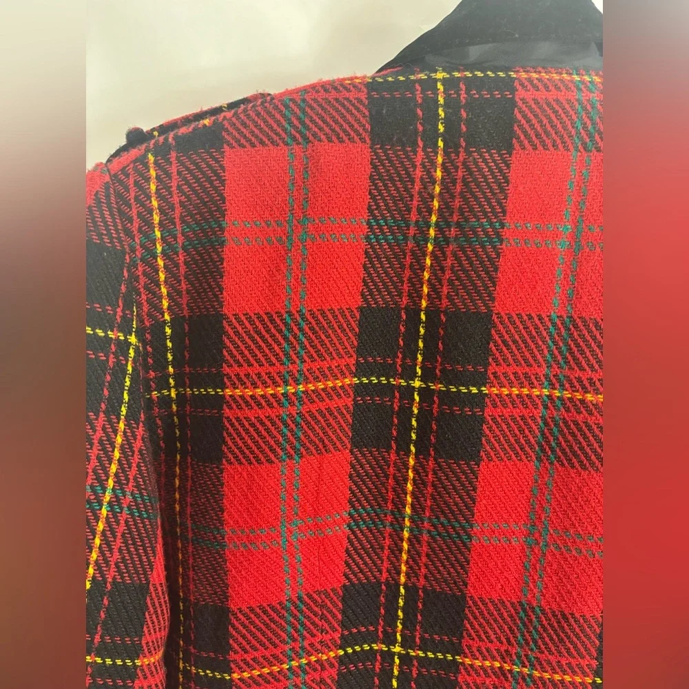 VTG Red+Black Plaid Bomber Jacket Faux‎ Suede Collar Gold+Black Epaulet Size S/M